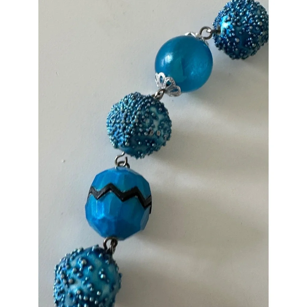 VTG Sugar Caged Beaded‎ Necklace Aqua Blue Horseshoe Pendant Crystals Hong Kong